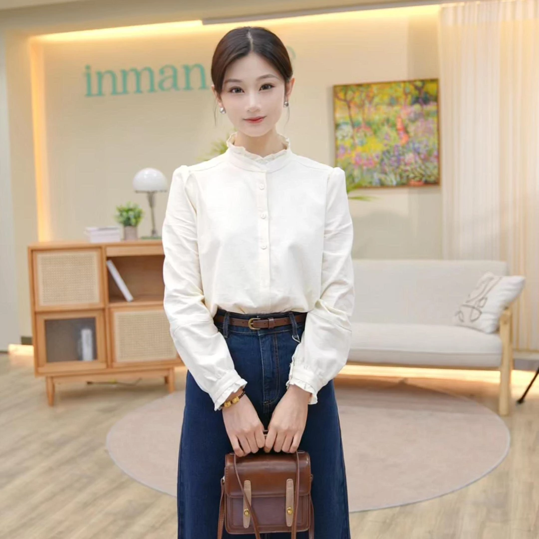 茵曼冬季女衬衫气质长袖新款纯棉显瘦针织休闲爆款百搭时尚舒适