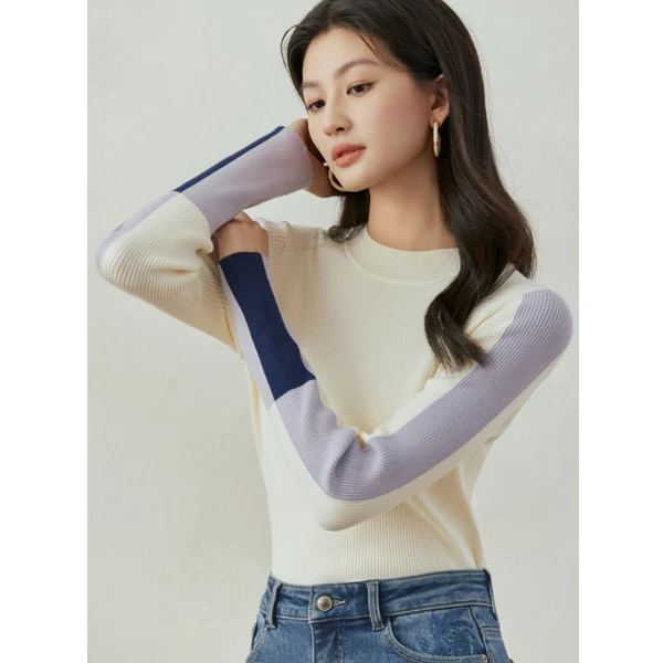 【商场同款】撞色圆领针织衫毛衣2023冬季女装新款长袖上衣