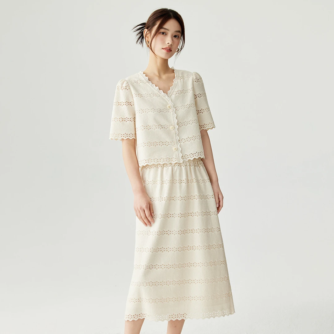 【艾美甄选】茵曼法式时尚小香风衬衫两件套镂空刺绣A字裙F18424411