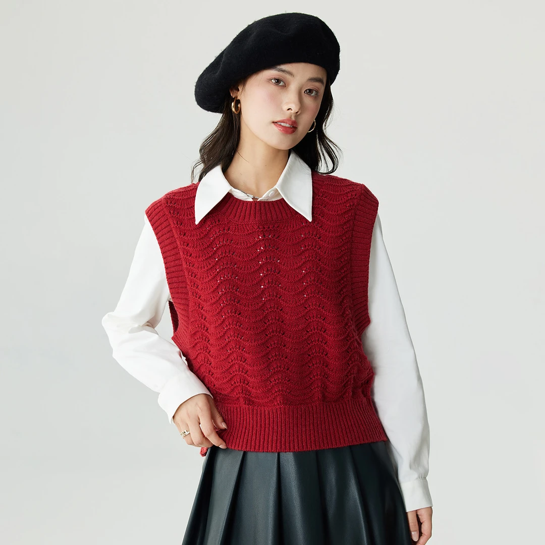 【欧若风新品】茵曼冬季复古新年毛衣马甲法式叠穿镂空百搭针织衫女