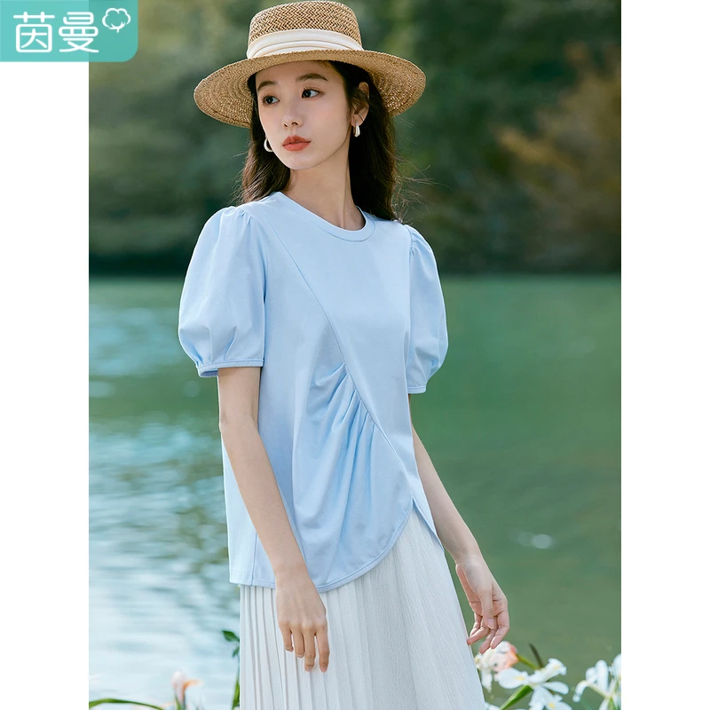 【茵曼女装】茵曼设计感不规则修身圆领泡泡袖法式T恤18425249