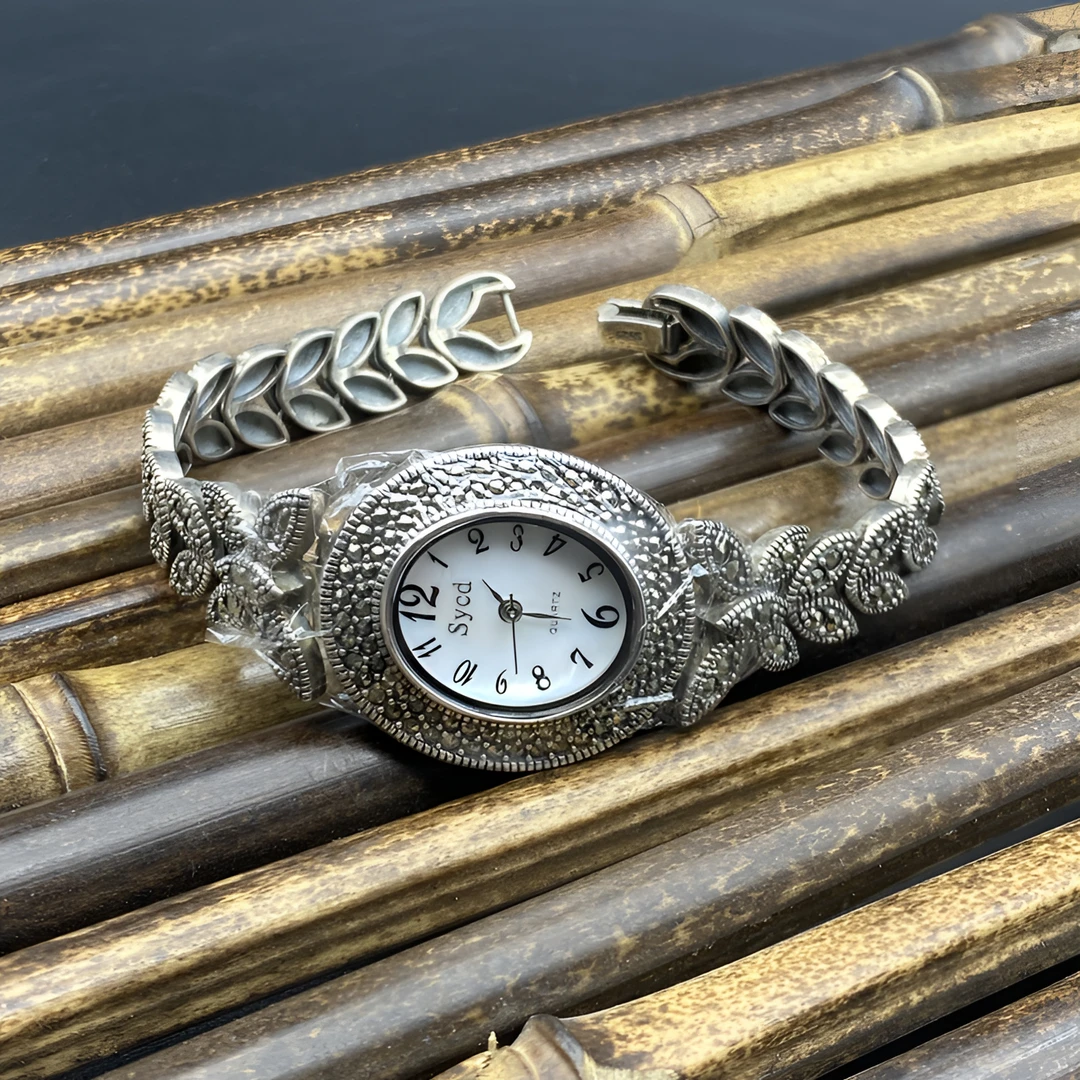 925银银制品 纯银正品银手表时尚马克赛石镶嵌纯银s925银手表2300