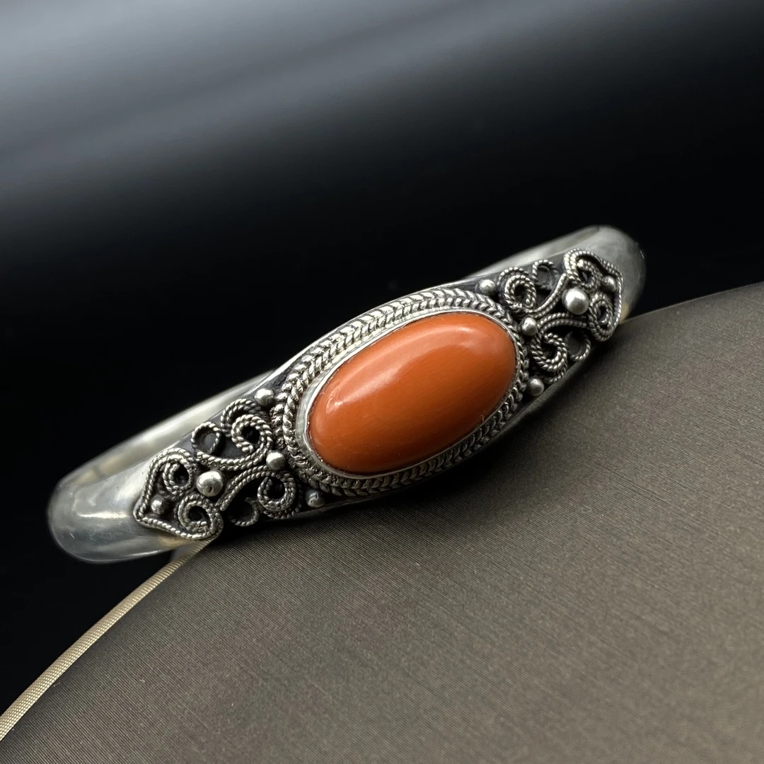 足银树脂手镯 足银纯银老旭日s999蒙古民族风手工简约银手镯2860