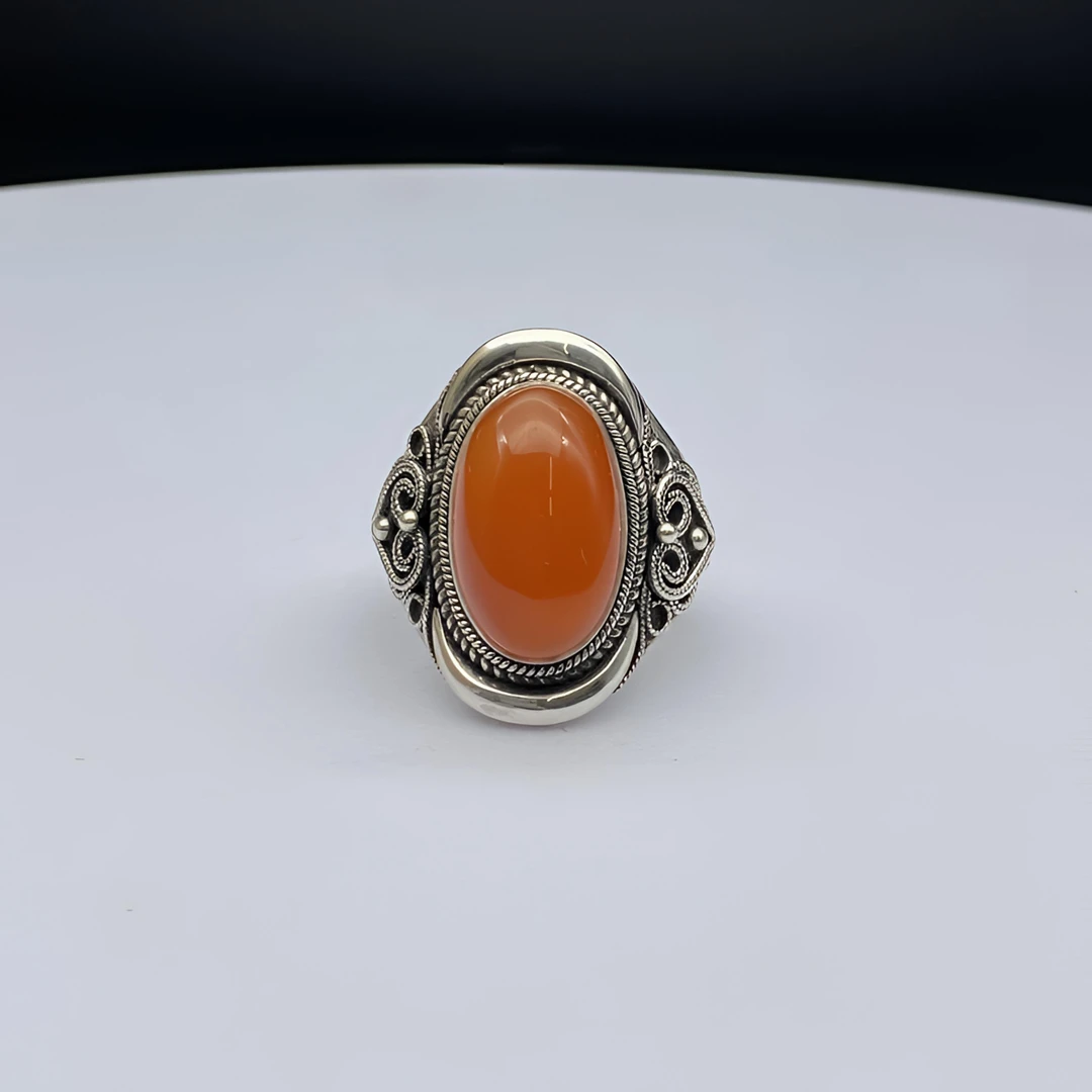 天然南红玛瑙银戒指蒙古元素民族风气质纯银手工s990银戒指1199