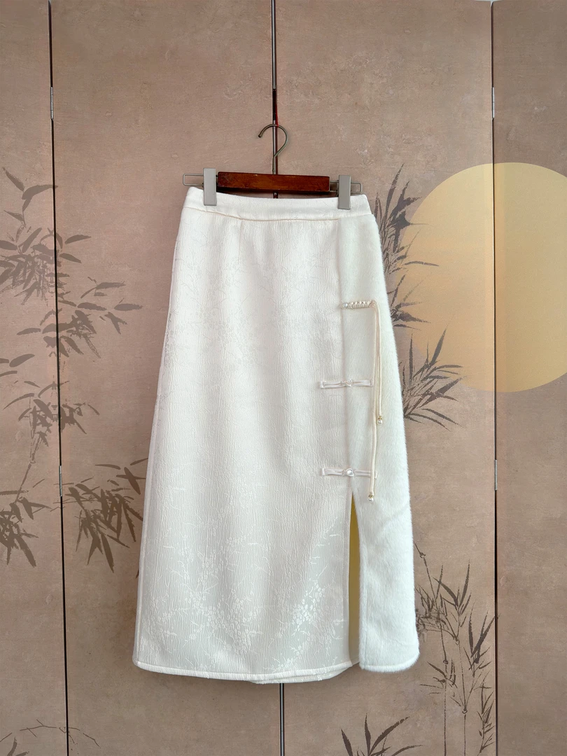 2025春新款复古新中式中国风白色提花半身裙高腰显瘦古风A字长裙