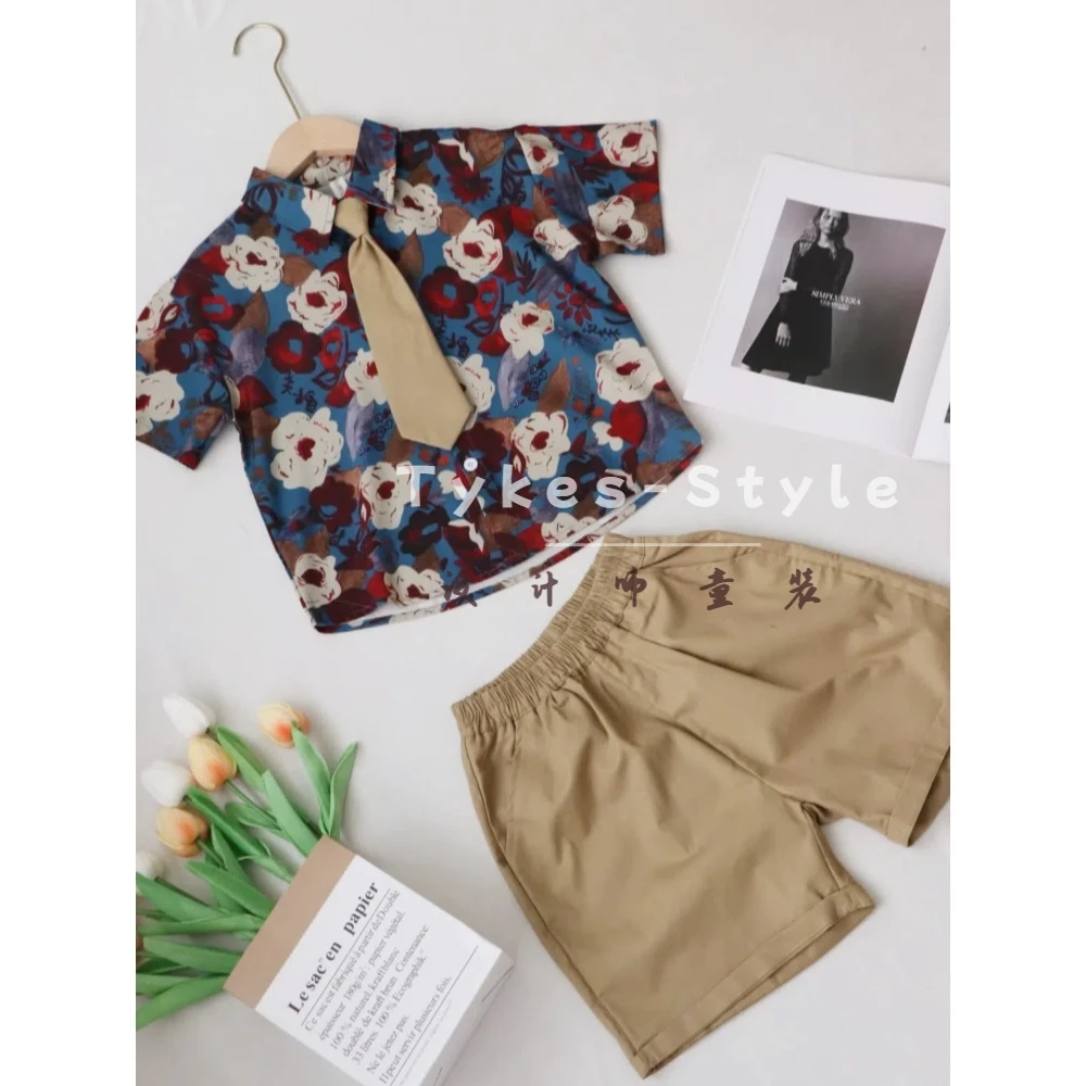 【Tykes】夏季新款洋气复古男童衬衫套装薄款时尚帅气印花上衣透气