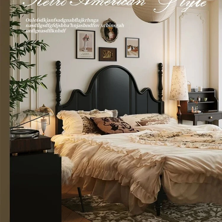 法式复古实木床黑色1.5m双人床现代简约风轻奢美式床婚床家具
