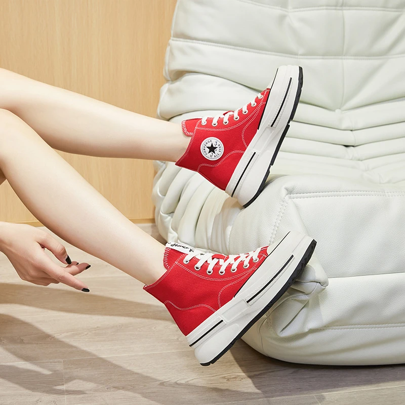 真皮厚底高帮帆布鞋女2025爆款秋季新款小白鞋增高小个子休闲板鞋