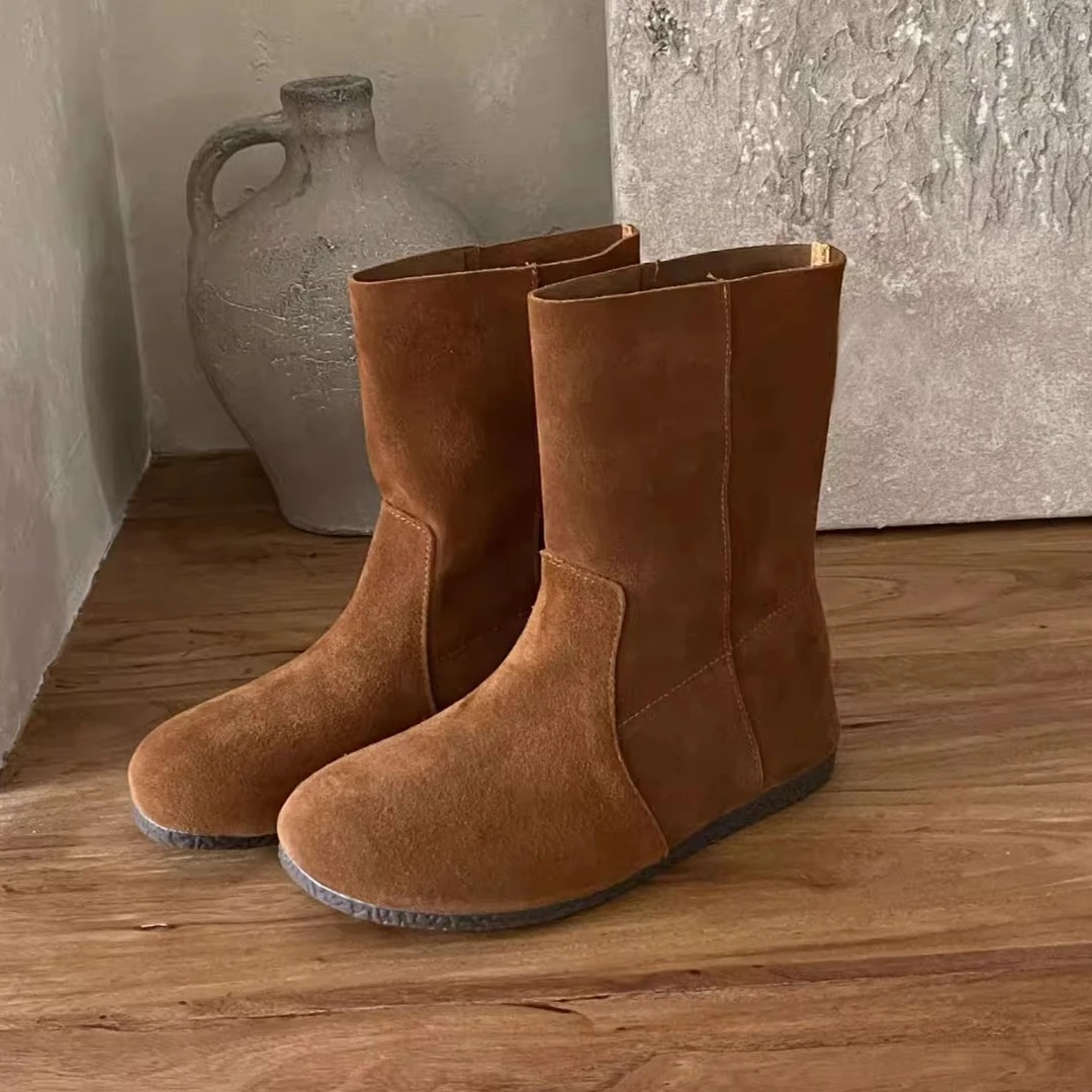 牛皮版！内增高秋冬新款勃肯短靴堆堆靴法式女靴子棉靴短筒靴加绒