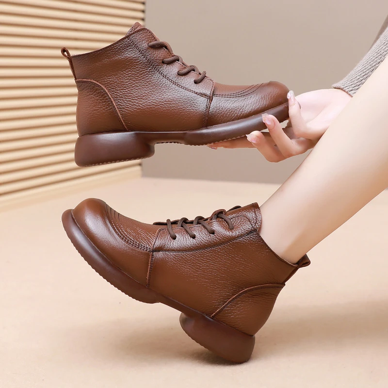 头层牛皮2023秋季新款加绒单靴妈妈短靴马丁靴真皮软底中年女靴子