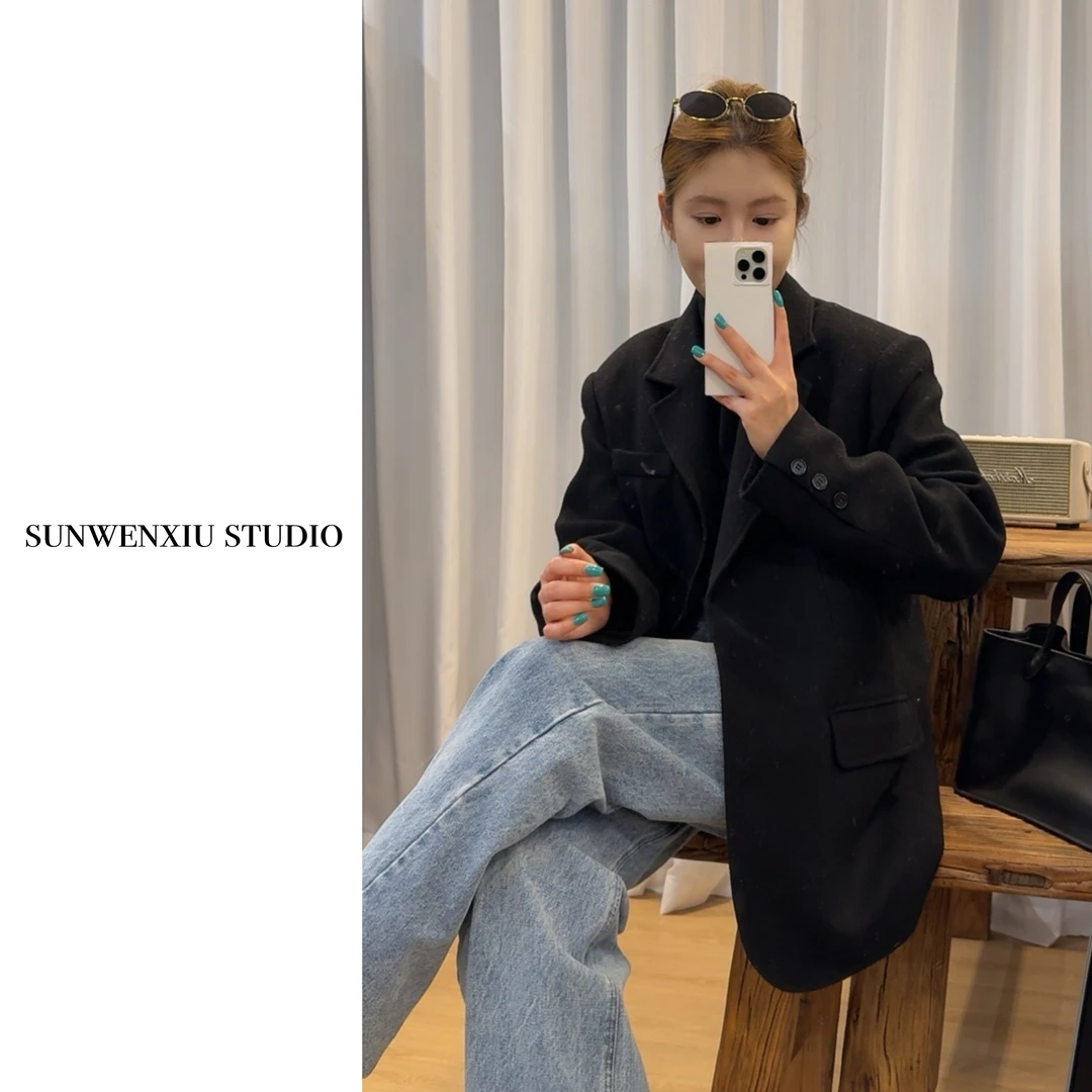 swx studio2店 羊毛西装 宽松休闲经典款夹棉西装外套