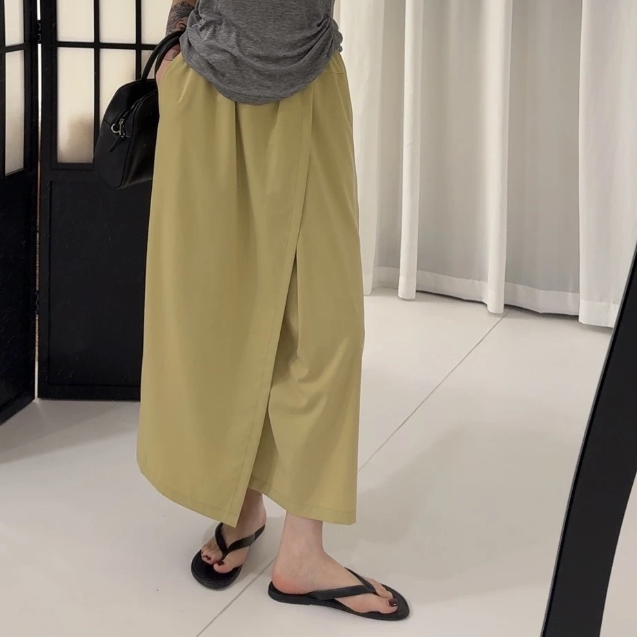 夏季直筒魔术裤休闲气质显瘦高腰开叉裤裙纯色宽松百搭