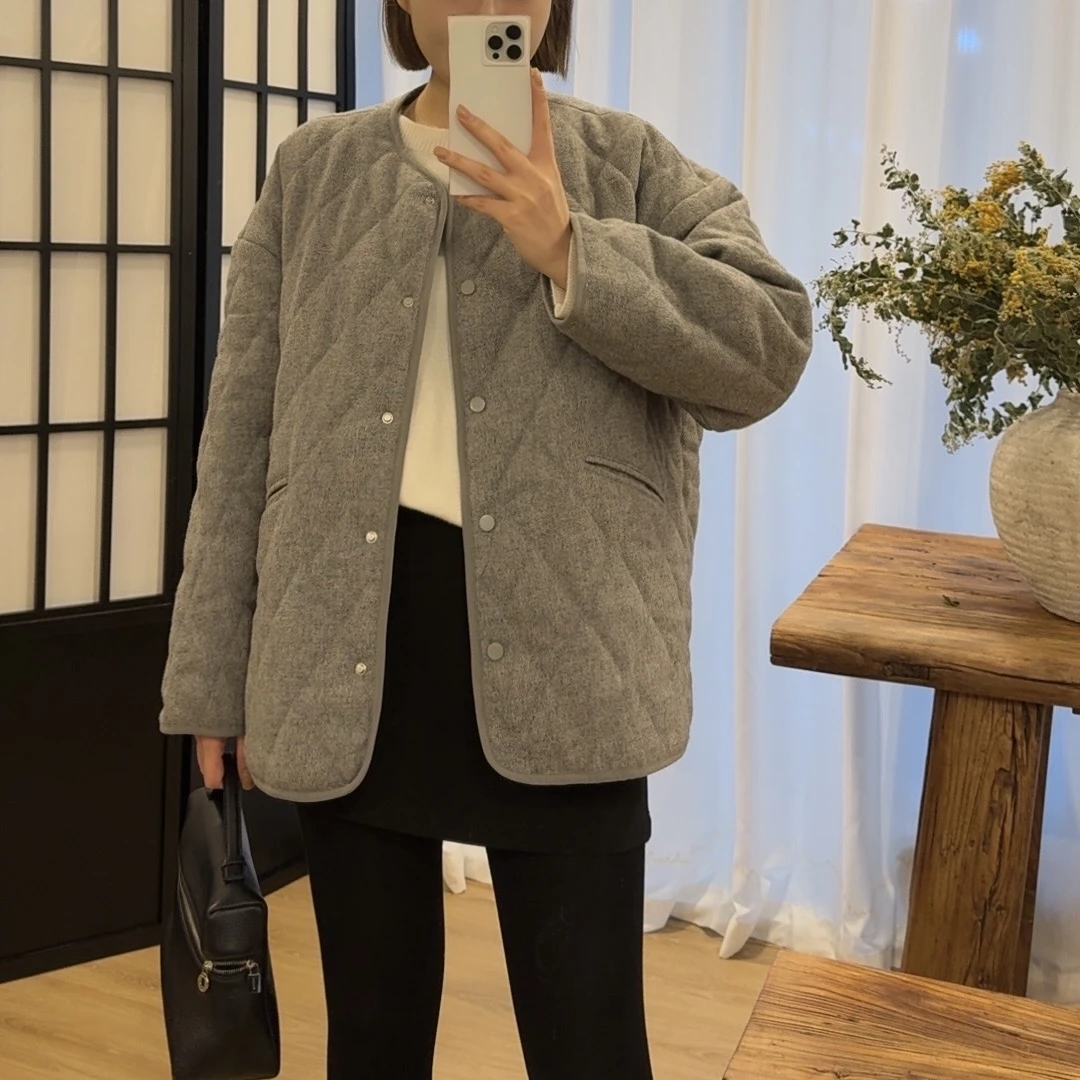 swx studio2店 日系秋冬极简50羊毛菱格棉服外套