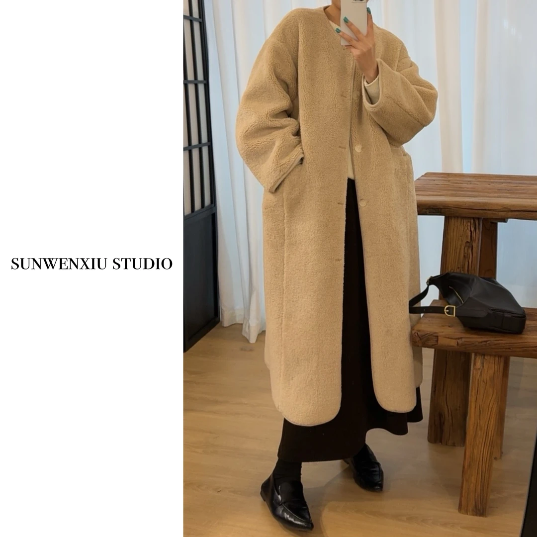 swx studio2店 松茶可可 皮毛一体加厚中长款毛绒绒外套