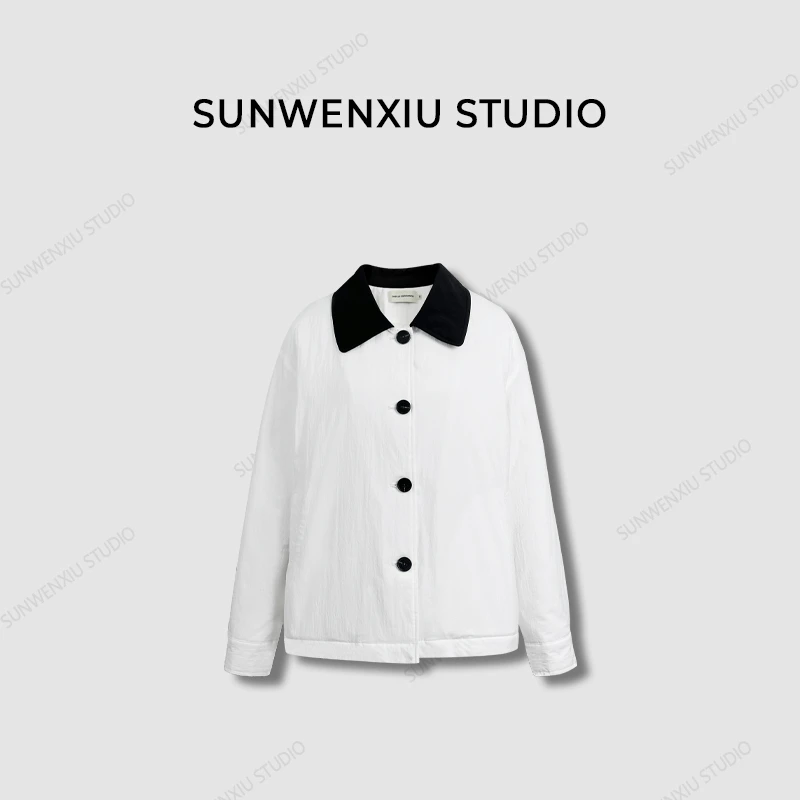swx studio2店 私服系列 设计感韩系撞色翻领棉服外套