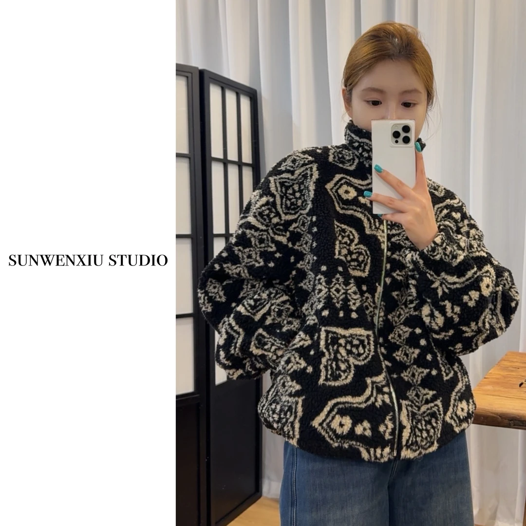 swx studio2店 腰果花 复古休闲毛绒绒冬季保暖外套