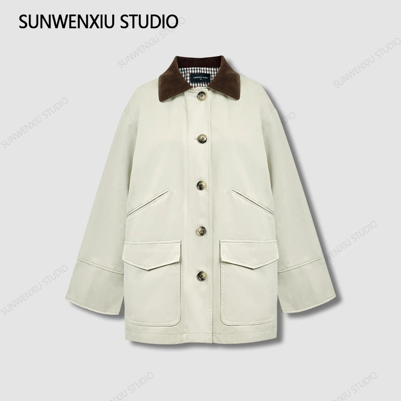 swx studio2店 苏格兰小镇 灯芯绒撞色小格秋季风衣外套