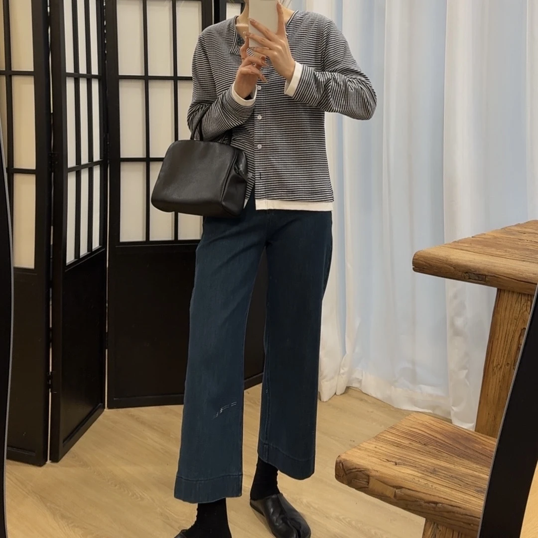 swx studio2店 韩味少女 双层色织休闲减龄百搭条纹开衫