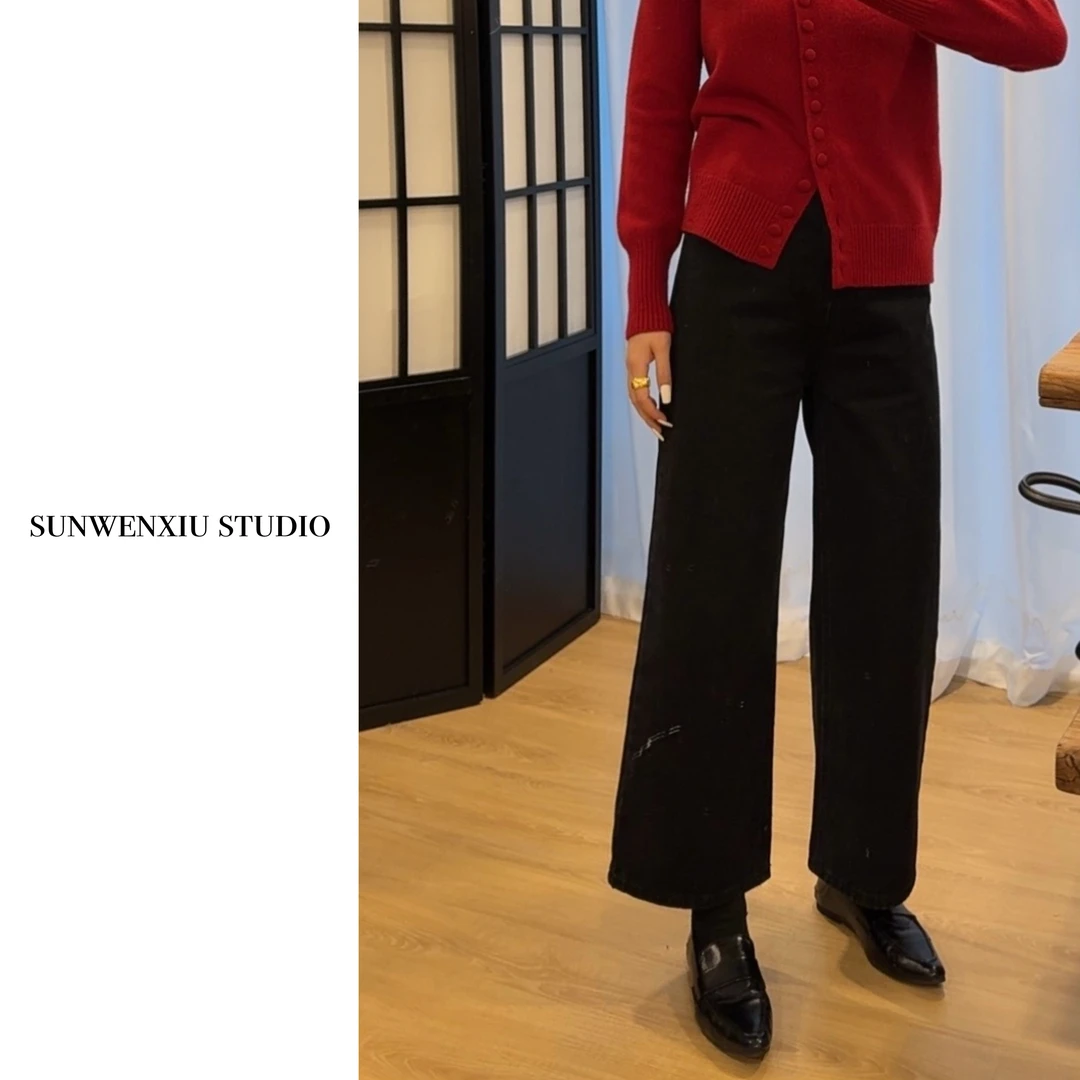 swx studio2店 黑色筷子腿 全棉高腰四季百搭休闲牛仔裤