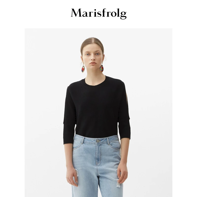 【米儿精选】玛丝菲尔女装黑色中袖针织打底上衣T恤