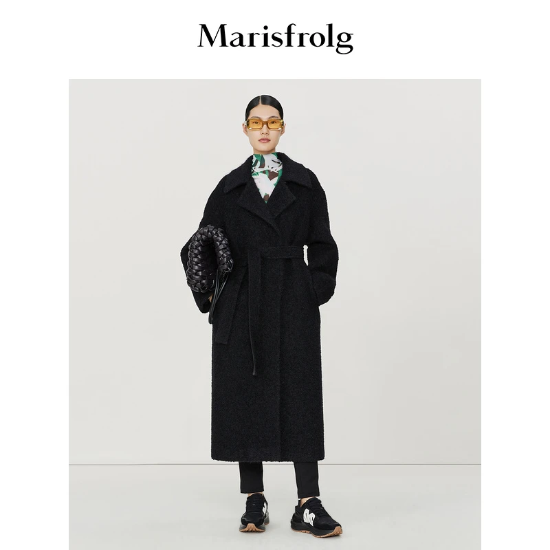 【艺术时装大衣】Marisfrolg/玛丝菲尔黑色毛呢外套中长款冬季
