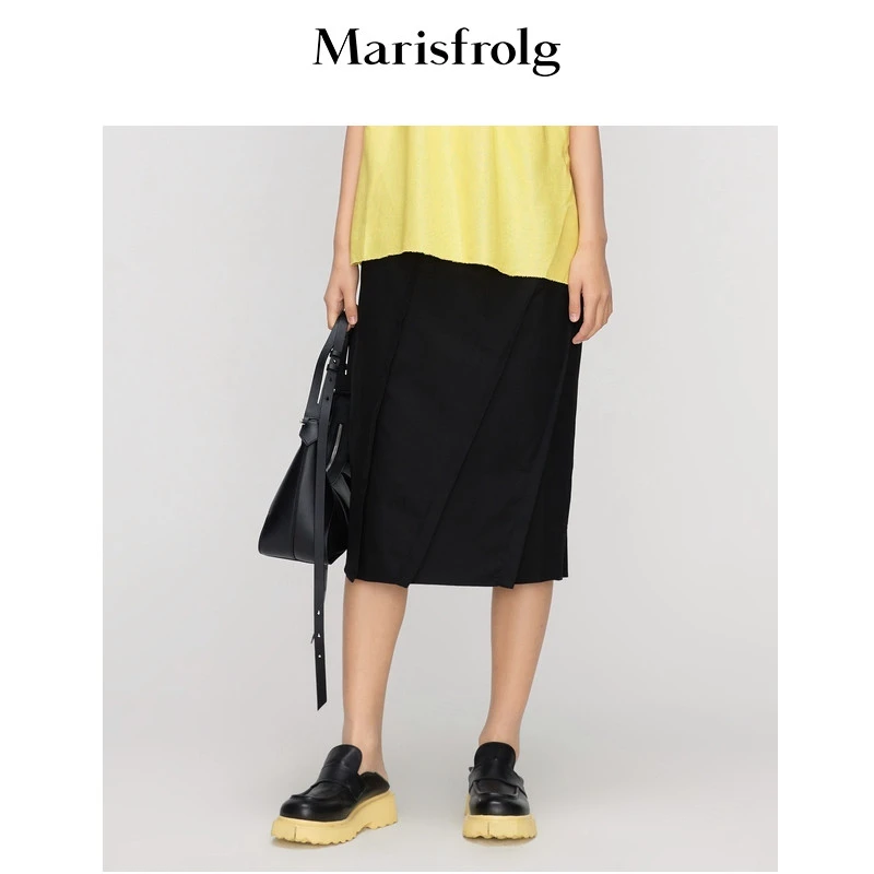 【米儿精选】玛丝菲尔黑色不规则设计感通勤中长款显瘦半身裙半裙