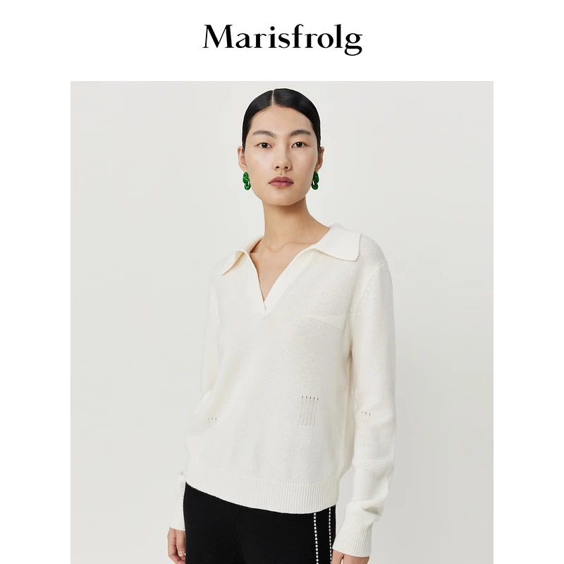 【学院风针织衫】玛丝菲尔冬季白色POLO领镂空刺绣毛衣A1CX4856M