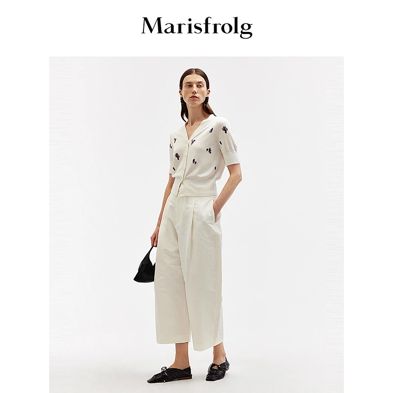 Marisfrolg玛丝菲尔白色高腰时尚夏季宽松气质休闲裤A1EG20615