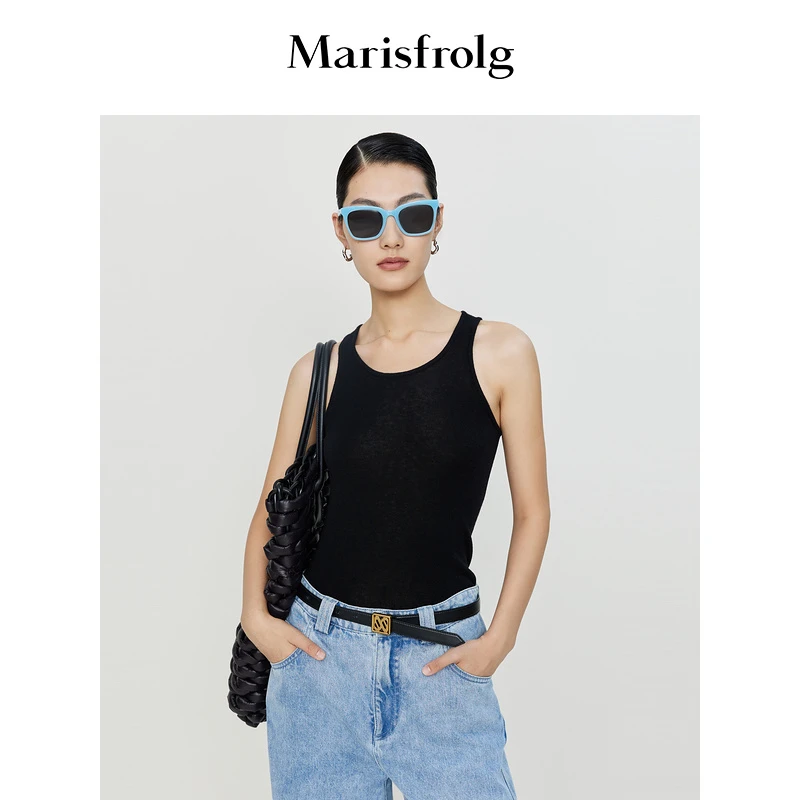 【经典搭配系列】玛丝菲尔春季新款黑色绵羊毛桑蚕丝针织背心上衣