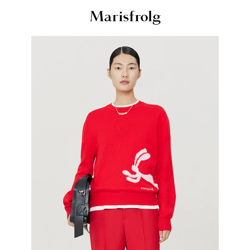 【米儿精选】玛丝菲尔圆领提花红色撞色秋冬套衫毛衣A1CX4871M