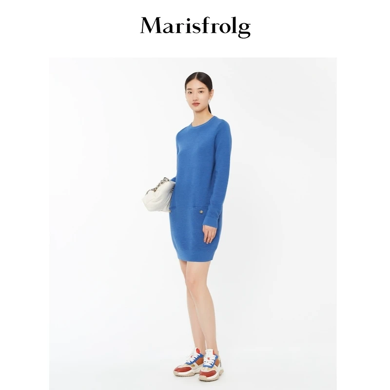 Marisfrolg/玛丝菲尔针织圆领设计师苎麻绵羊毛连衣裙A1BW3844M