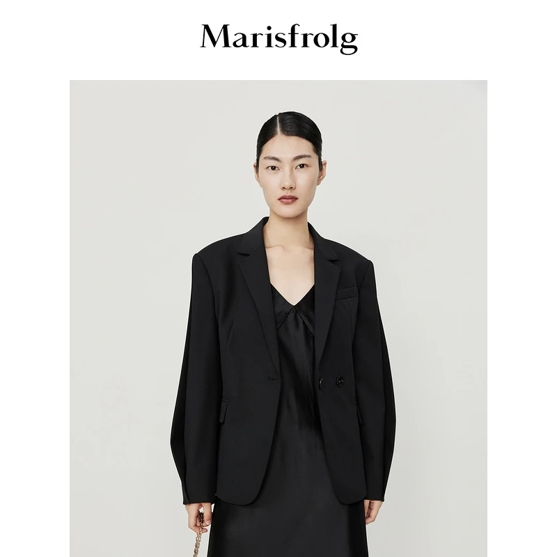 Marisfrolg/玛丝菲尔【宽松廓型西装】冬新款黑色宽松袖部褶涧西装