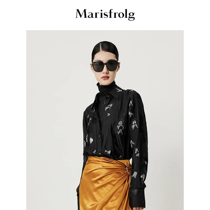 【自然质感面料】玛丝菲尔立体提花黑色碎花翻领长袖衬衫A1CX3211E