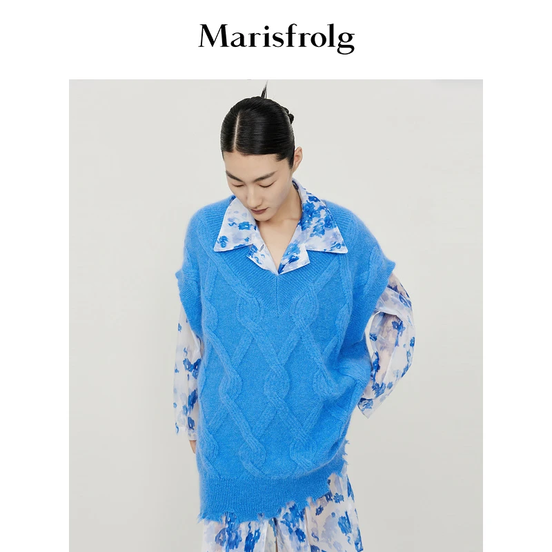 【米儿精选】玛丝菲尔秋季蓝色V领马海毛针织马甲女