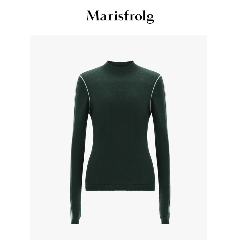 【天然亲肤系列】玛丝菲尔秋暗泉绿色撞色线条设计羊绒衫A1AY3902M