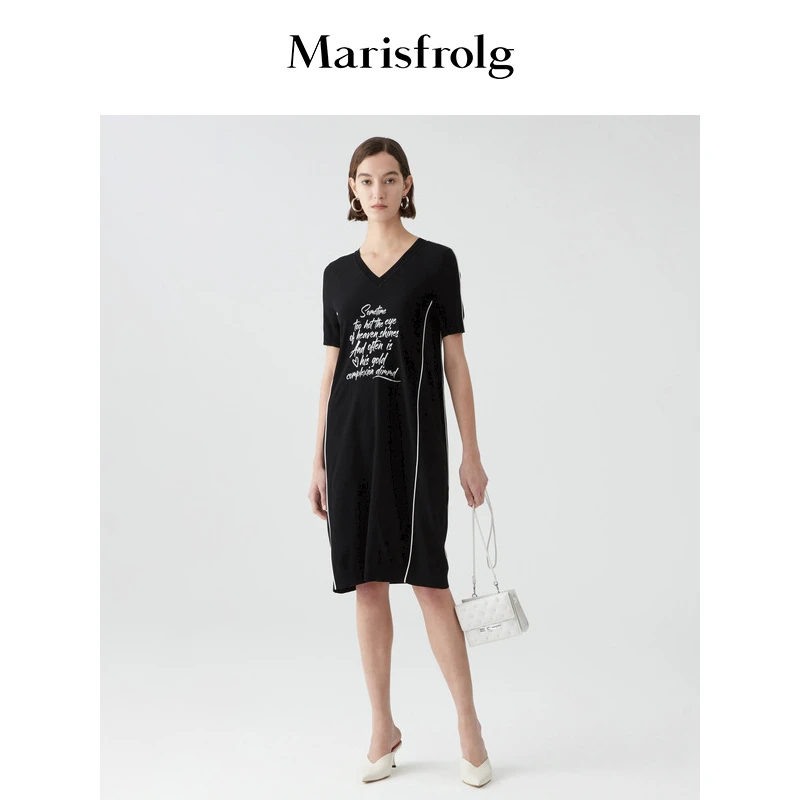 Marisfrolg/玛丝菲尔V领中长黑女士针织连衣裙A1KT2810M女装时尚