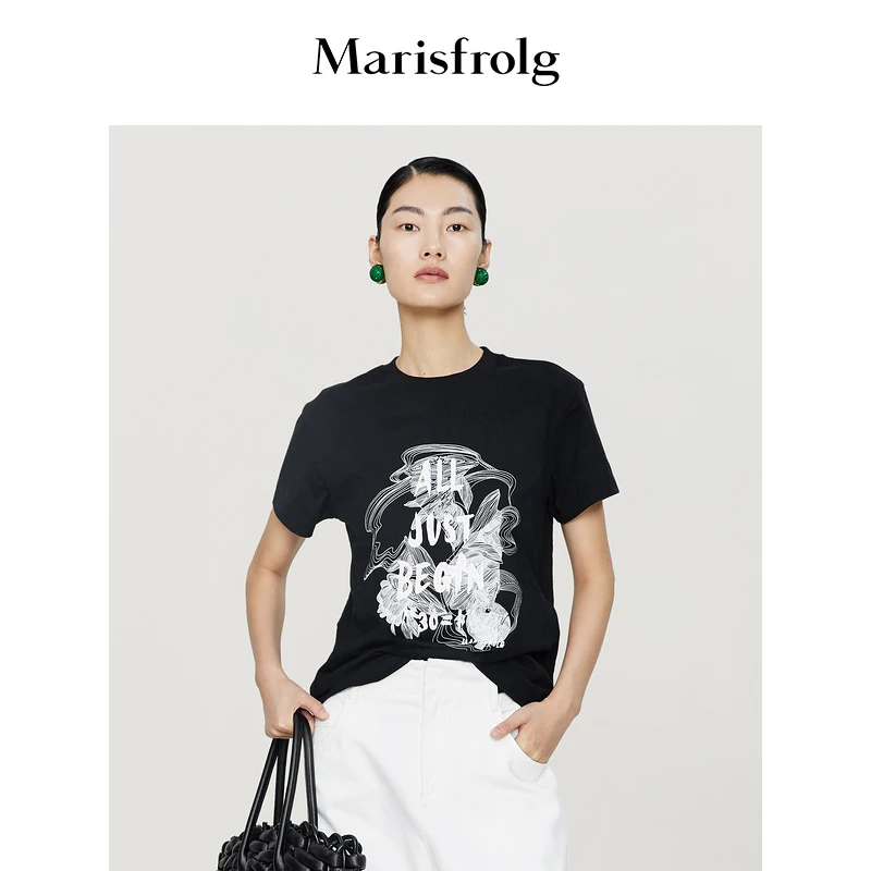Marisfrolg玛丝菲尔春夏纯棉印花休闲时尚简约风黑色T恤A1DE13087