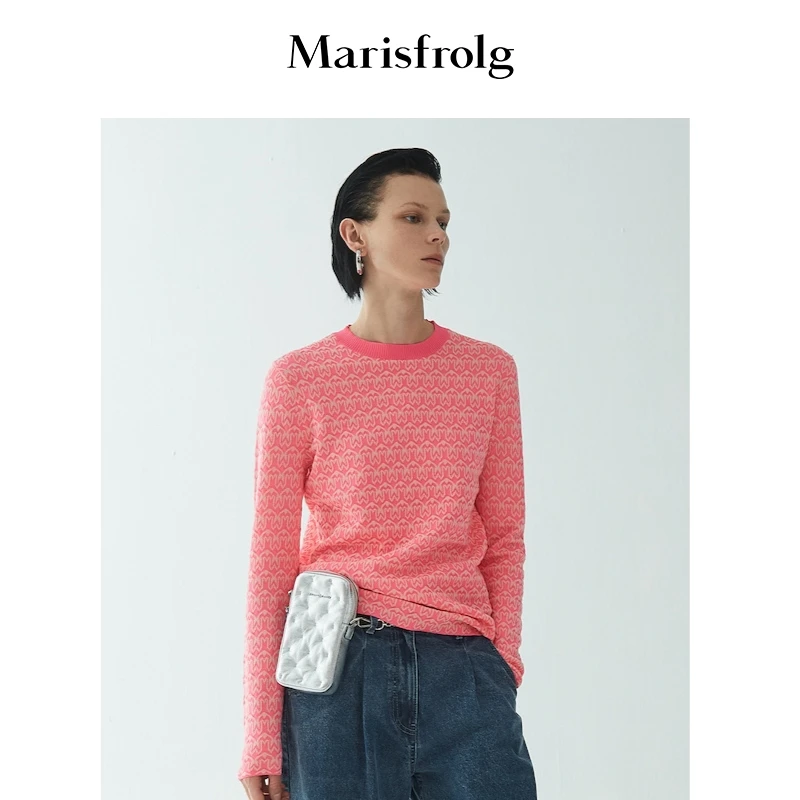 Marisfrolg/玛丝菲尔秋季粉色圆领ol长袖针织衫休闲A1AY3868M