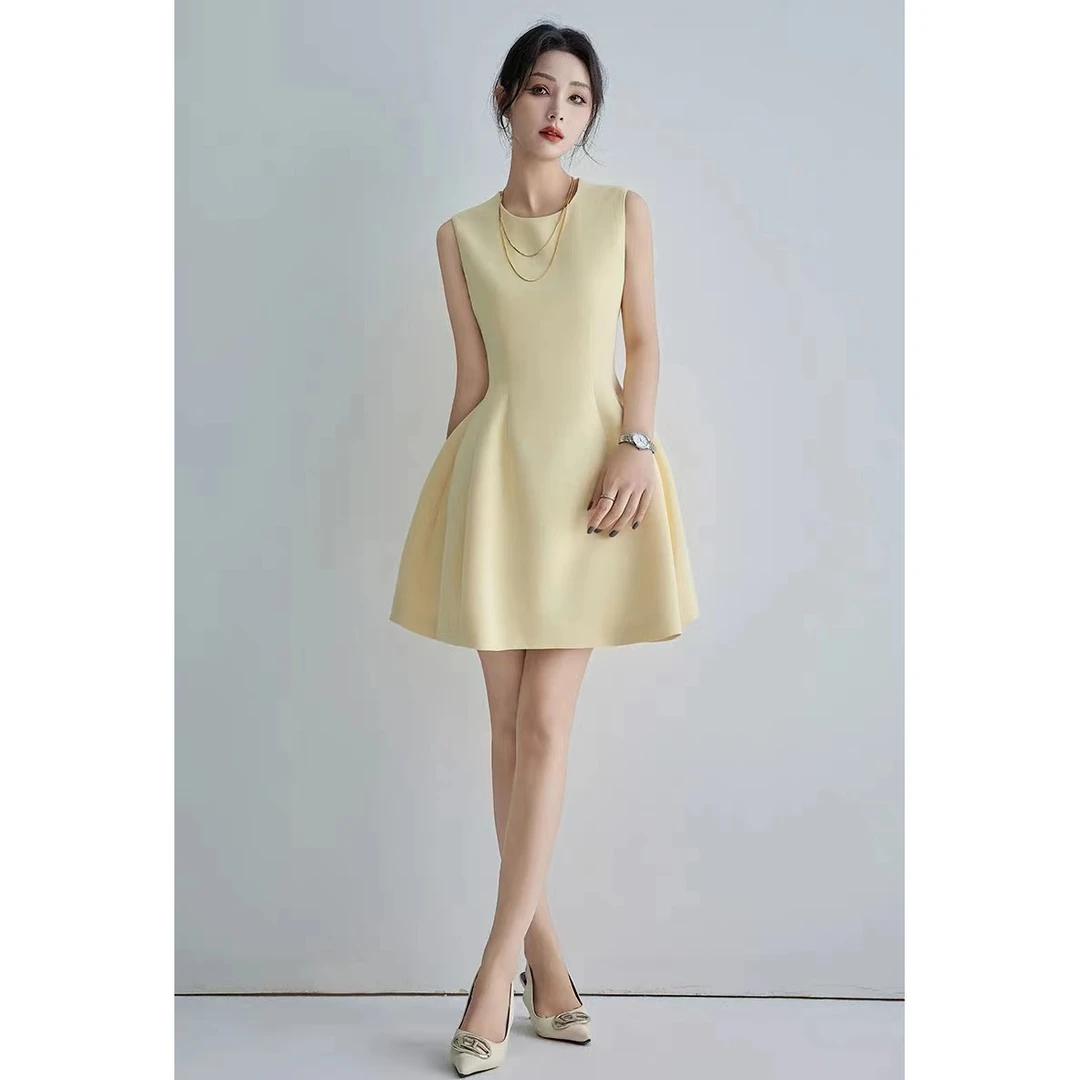 YUYI同源面料 日本三醋酸混纺 通勤JI简无袖修身连衣裙黄蓝粉裙子