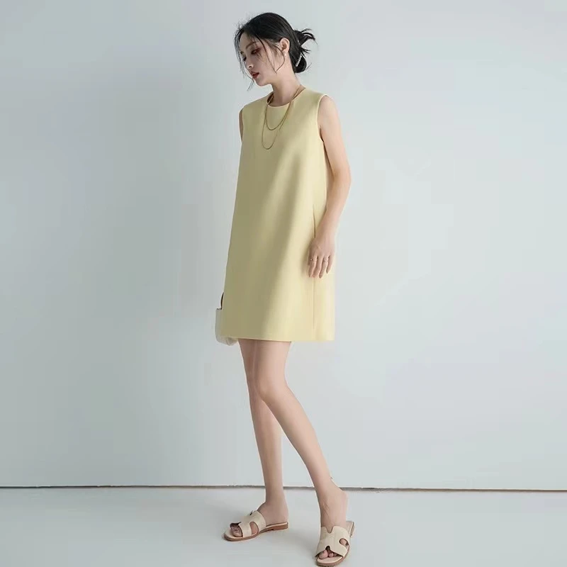 MA**RA同源面料 日系三醋酸混纺 通勤JI简无袖直身连衣裙黑色裙子