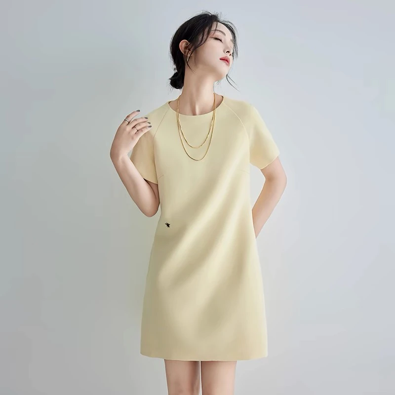 YUYI同源面料日本三醋酸混纺通勤JI简短袖修身连衣裙显瘦裙黑白黄