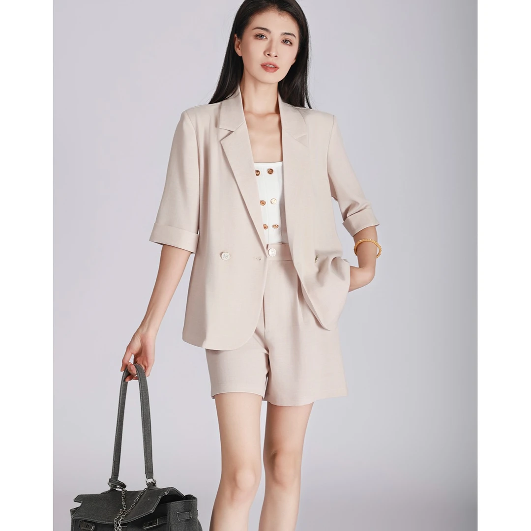 嘉茱莉2023夏季新款短袖小西装外套女套装小个子西服设计感西装
