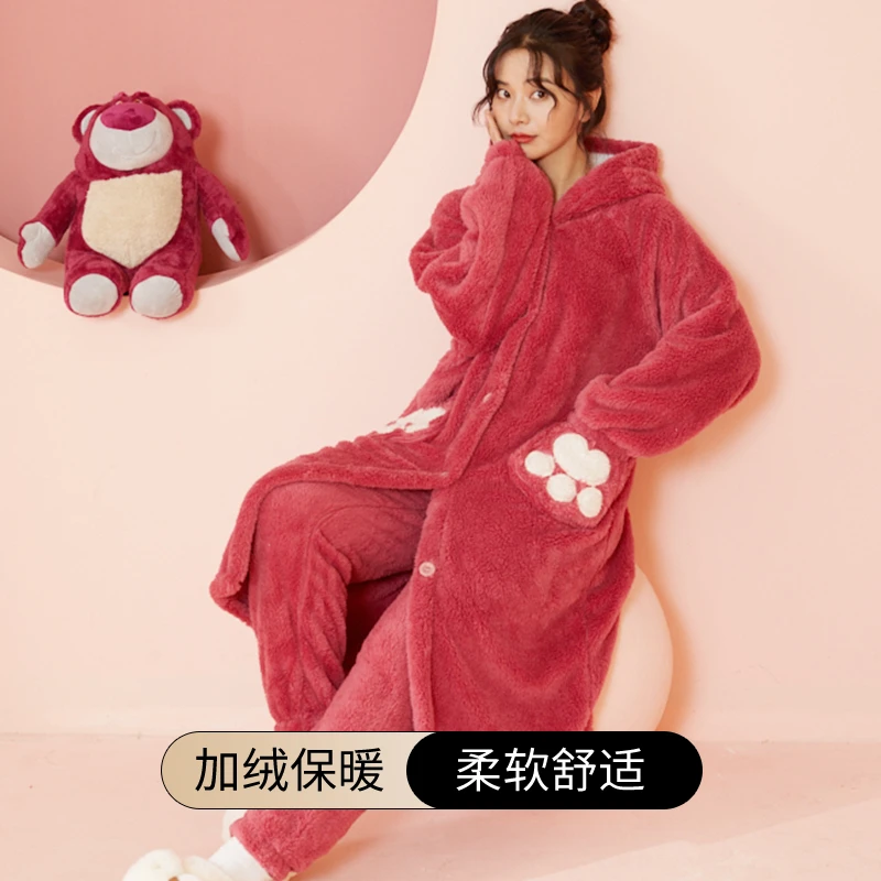 草莓熊新款睡衣女秋冬款可爱珊瑚绒法兰绒加绒家居服可外穿