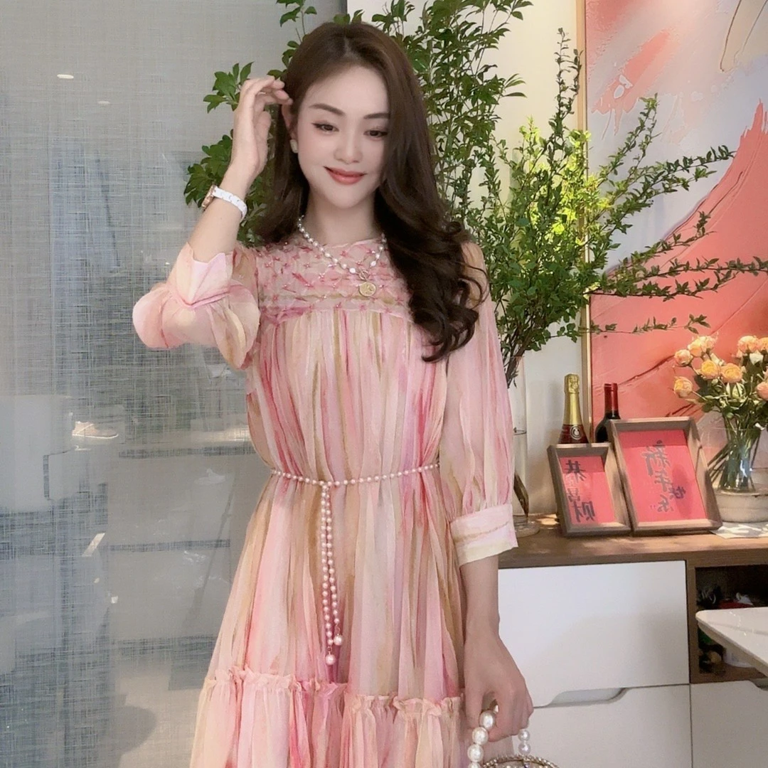 杨升服饰【缪斯甜茶】时尚桑蚕丝春夏氛围感温柔连衣裙显瘦气质F700