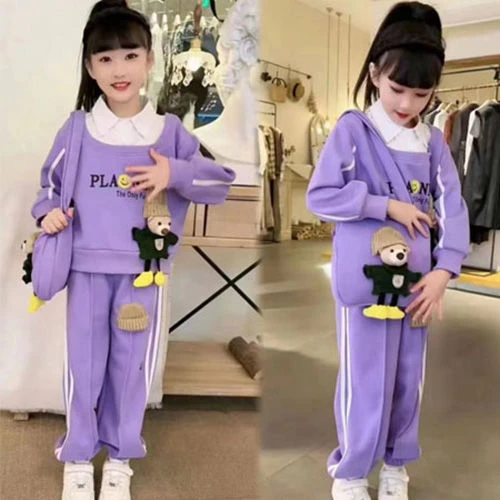 女童小熊套装春秋2024新款儿童假两件秋装韩版女孩卫衣两件套洋气