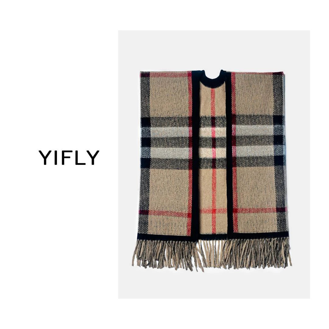 YIFLY【巴+披肩】2023新款女士百搭棕色时尚格子披肩围巾YF07003