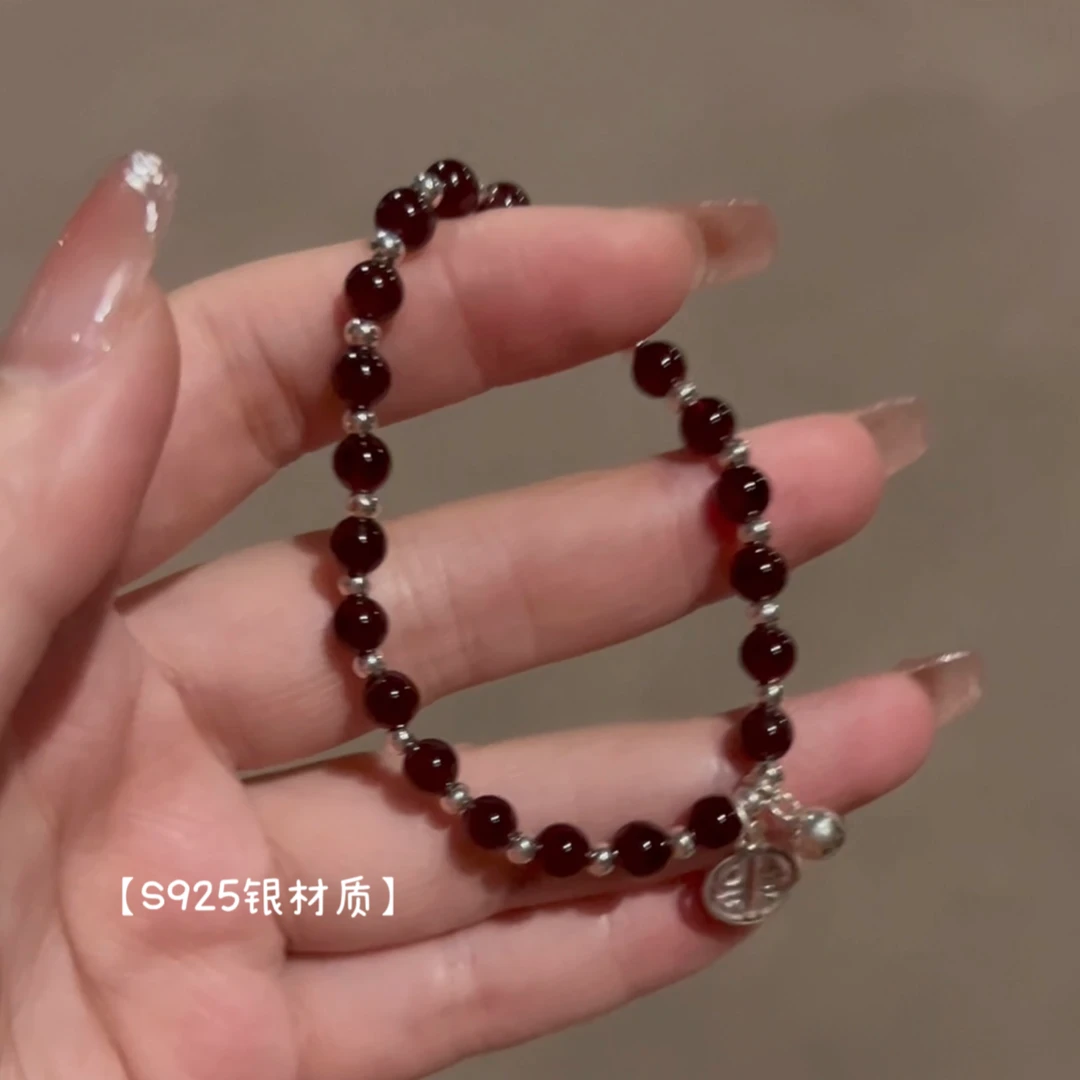 925银仿水晶手链 S925福牌铃铛石榴榴手链手工百搭珠宝小众单圈