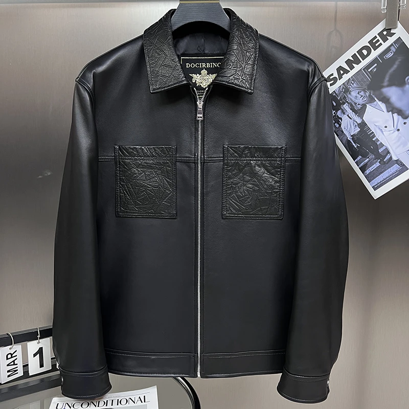 诺克多海宁百搭春秋落肩宽松翻领春秋外套绵羊皮男士皮夹克拼接风