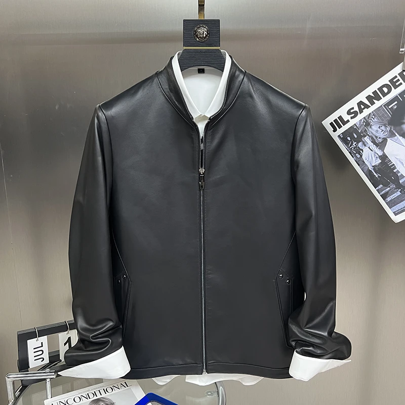 诺克多高端绵羊皮男士立领真皮皮衣男式秋冬薄款单装黑色商务茄克