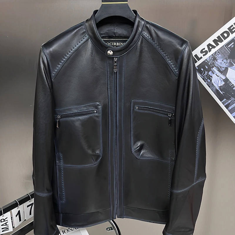 诺克多设计师款高端男士绵羊皮秋冬真皮皮衣全身线条撞色擦色工艺